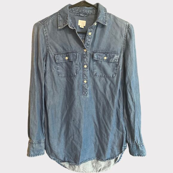 A New Day Womens XS Blue Chambray Half Button Front Long Sleeve Shirt - Picture 2 of 7